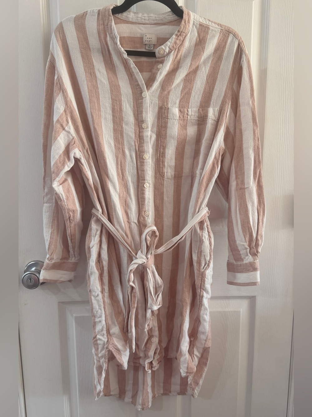 A New Day Linen Blend Striped Shirt Dress Size Large Beige White Tie Waist